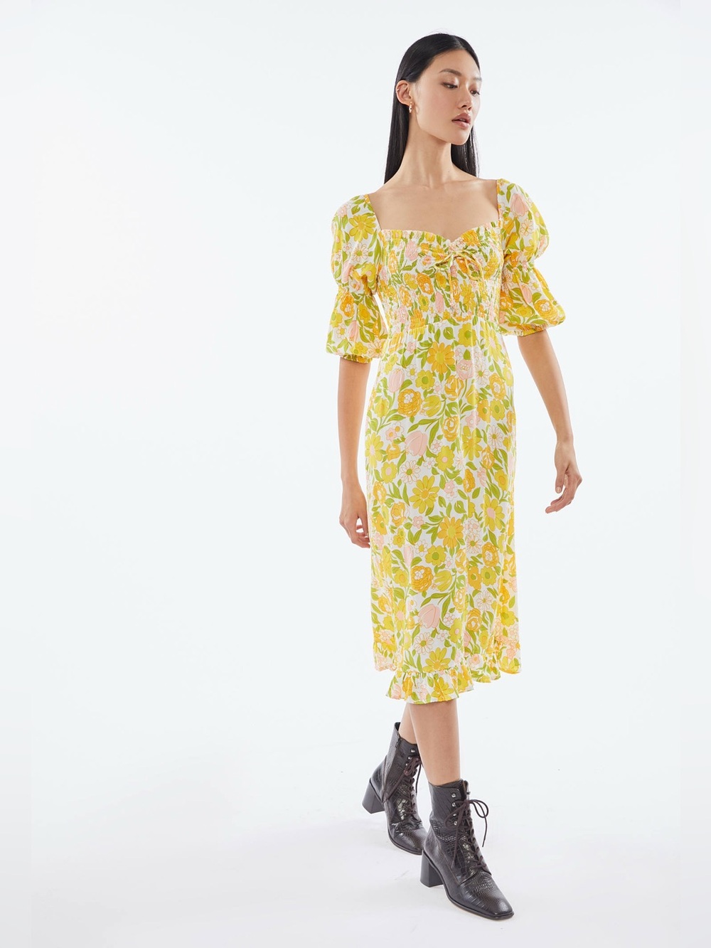 Faithfull The Brand Nora Midi Dress Jolene Floral Print XS Yellow Pink Green NWT